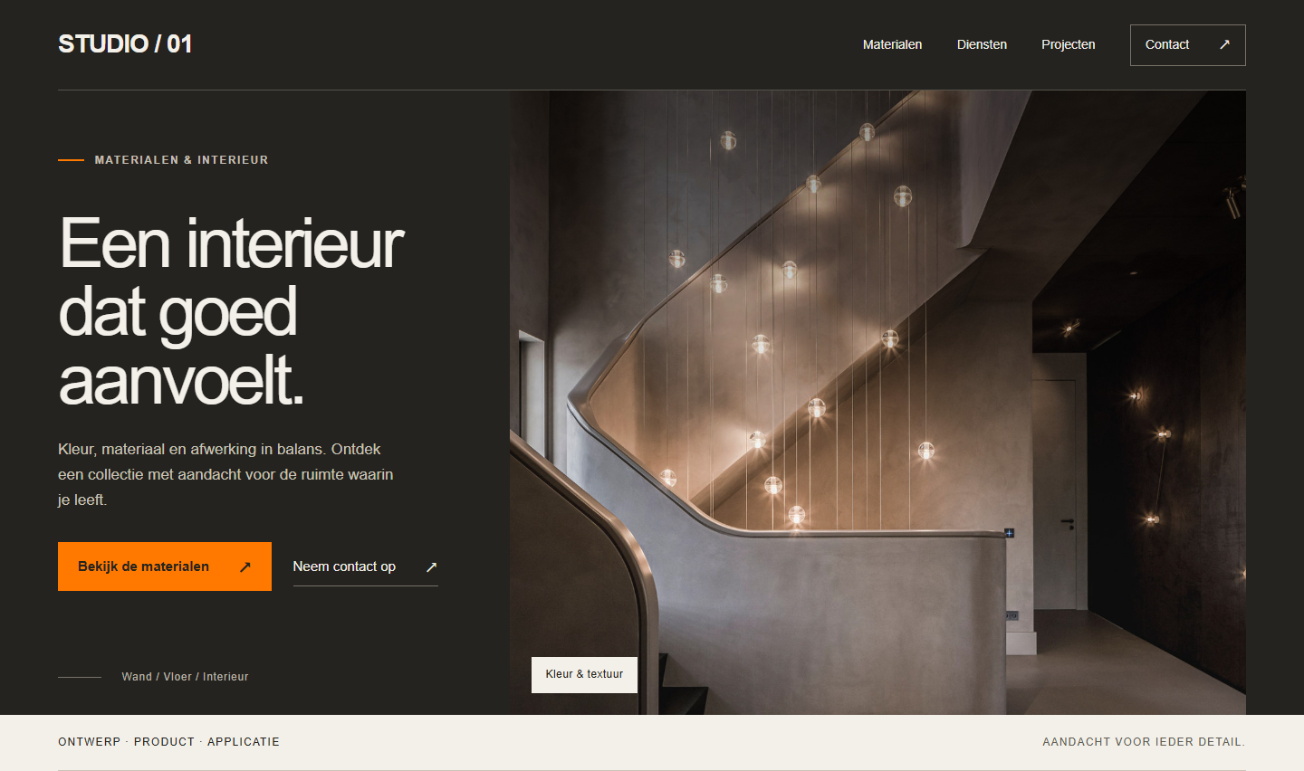 Desktop capture of an existing Zaitec redesign under the fictional Studio 01 identity: bold typography, an orange contact button and a large interior image. Example content is in Dutch.