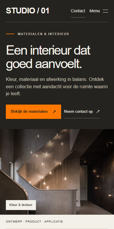 Mobile capture of the same Studio 01 concept, with readable text and contact buttons above the interior image. Example content is in Dutch.